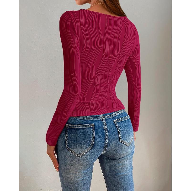 2026 Spring and Autumn New Women's Casual Textured Round Neck Long Sleeve Slim Fit T-Shirt