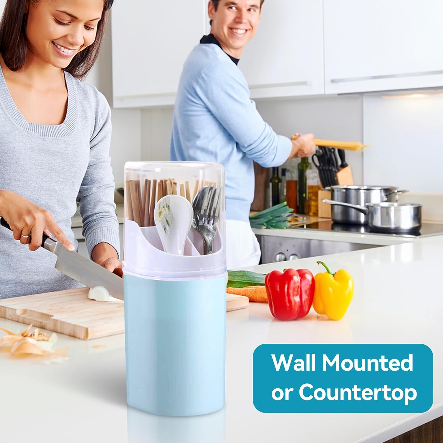 Kitchen Utensil Holder with Cover, 4 Compartment Wall-Mounted Countertop Plastic Silverware Holder Utensil Drying Rack for Cutlery, Chopstick,