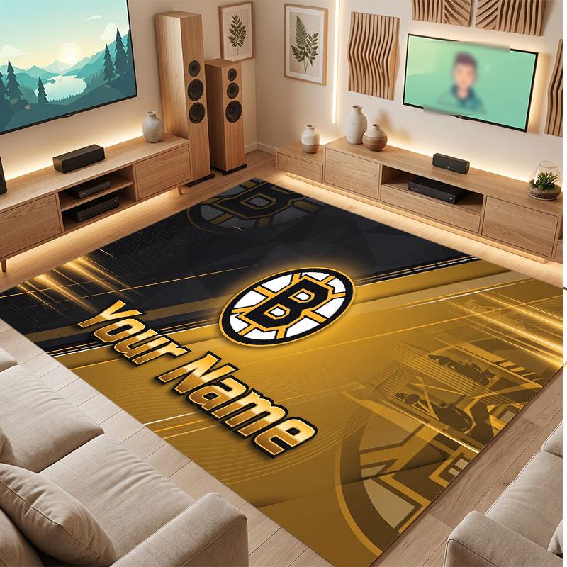 Tappeto in Cristallo Vellutato Personalizzato Boston Bruins, Tappeto Morbido Antiscivolo con Testo Nome Personalizzato per Soggiorno Camera da Letto