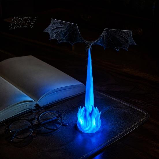 Dragon Sculpture Bookshelf Nook Light, 3D Printed Fire-Breathing Fantasy Flying Dragon, Shelf Accent Lamp Art Collectibles with LED Flame Gothic