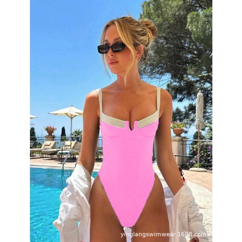 

New solid color retro one-piece swimsuit sexy gather tight swimsuit XL яскраво-рожевий колір