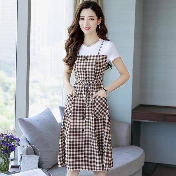 

Платье в клетку на подтяжках, женское летнее новое, приталенное, со средней длиной, повседневное, с имитацией двойки, А-силуэта 4XL хаки