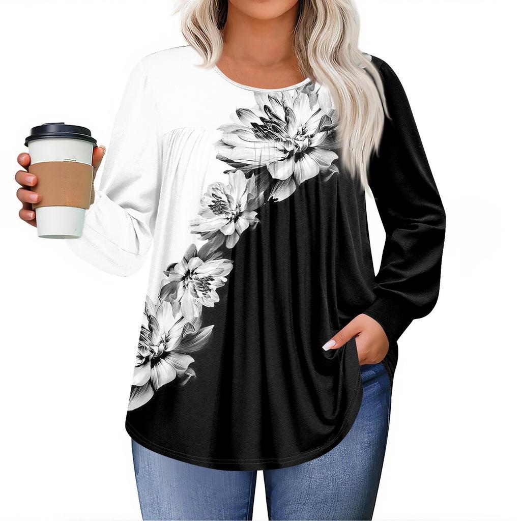 Dámské topy plus size košile s dlouhým rukávem kulatý výstřih splývavá tunika ležérní volná halenka L-5X