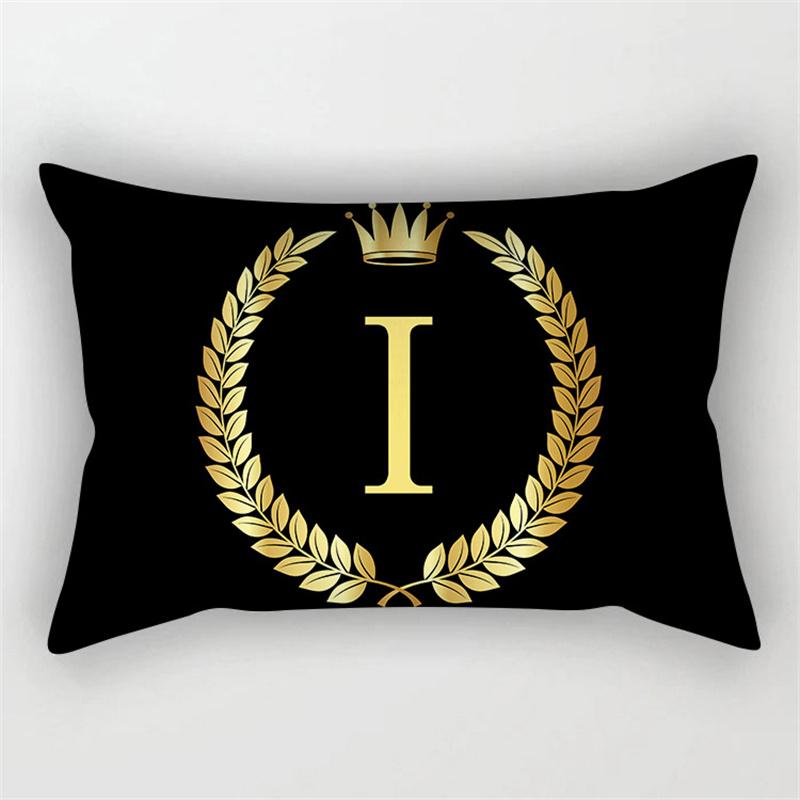 Gold Color Letter Cushion Cover 30x50cm Rectangle Pillow Case Crown Leaves Plant Polyester Black Sofa Pillow Cover Home Decor