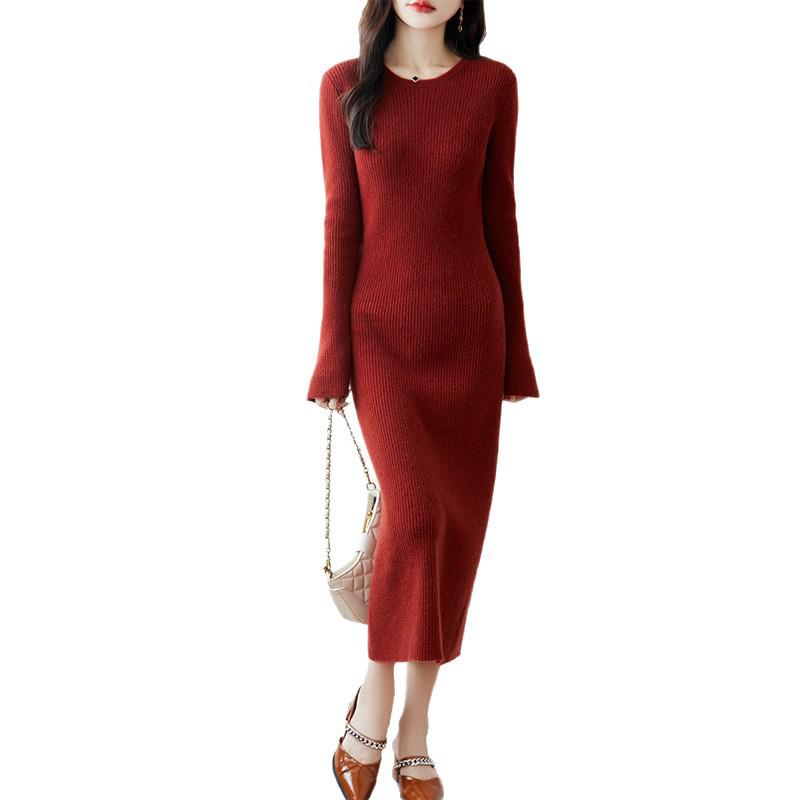 Elegant Women's Round Neck Slim Fit Wool Knit Dress
