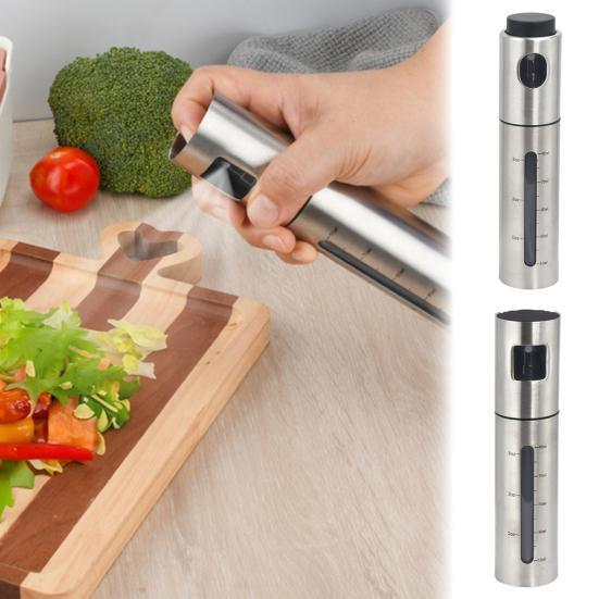 Kitchen Oil Spray Bottle Stainless Steel with Scale Mark, 100ml Press Type Atomized Precise Control Tool Dispenser for BBQ Baking, Rust Resistant Fine