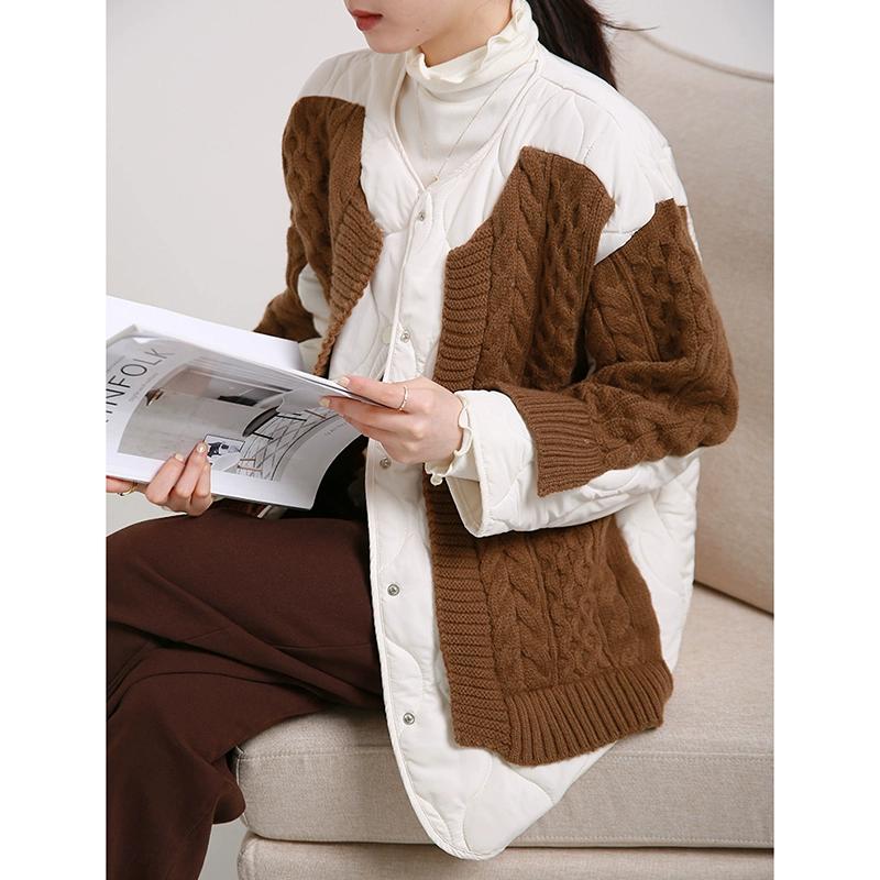 Dimanaf 2025 Winter Women Sweaters Jacket Patchwork Wadded Buttons Coat Knitting Fake Two-Piece Loose Sweater
