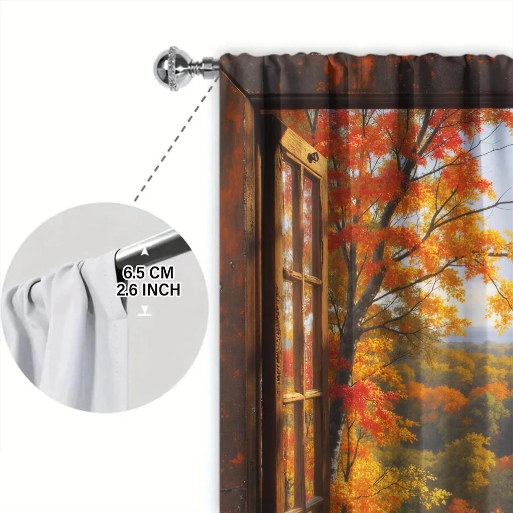 2pcs Autumn Sunshine Forest Red Leaf Scenic Printed Curtains - Artistic Home Decoration Curtains, All Season Decorative Curtains