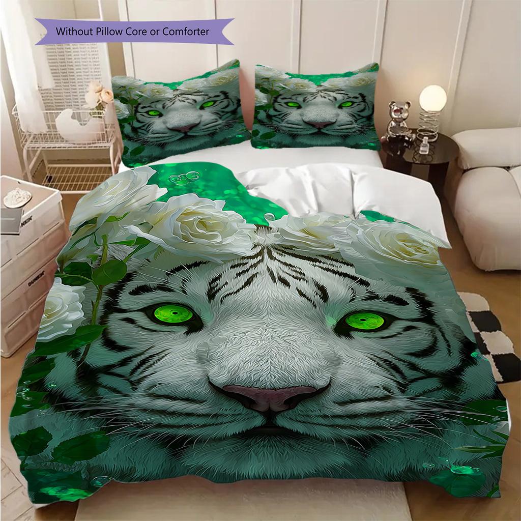 White Tiger Pattern Bedding Quilt Set Quilt Cover Pillowcase Home Decoration Birthday Gift (1 * Duvet Cover + 2 * Pillowcase, Without Core)