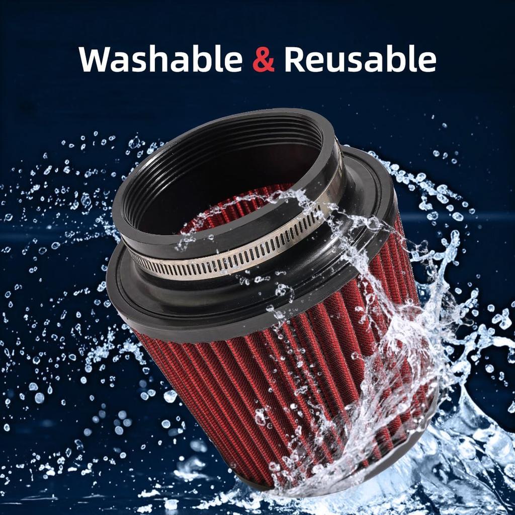 3" 3.5" 4" Inlet Car Replacement Cold Air Intake Filter 76Mm 89Mm 102Mm 3 Sizes In 1 High Flow Performance Cone Air Filter (Red)