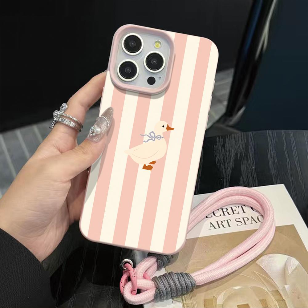 Striped Duck Strap Rope Phone Case For iPhone 17 16 15 14 13 12 11 Pro Max 16 15 14 Plus 17 16 15 Pro 17Air Silicone Matte Cover