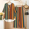Women Plus Size Printed Round Neck Mid Sleeve High Low Top Wide Leg Pants Two Piece Set