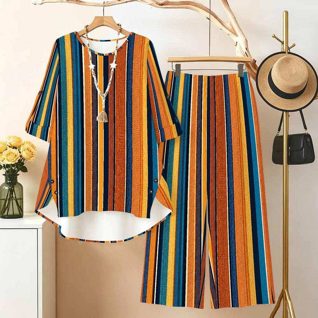 Women Plus Size Printed Round Neck Mid Sleeve High Low Top Wide Leg Pants Two Piece Set