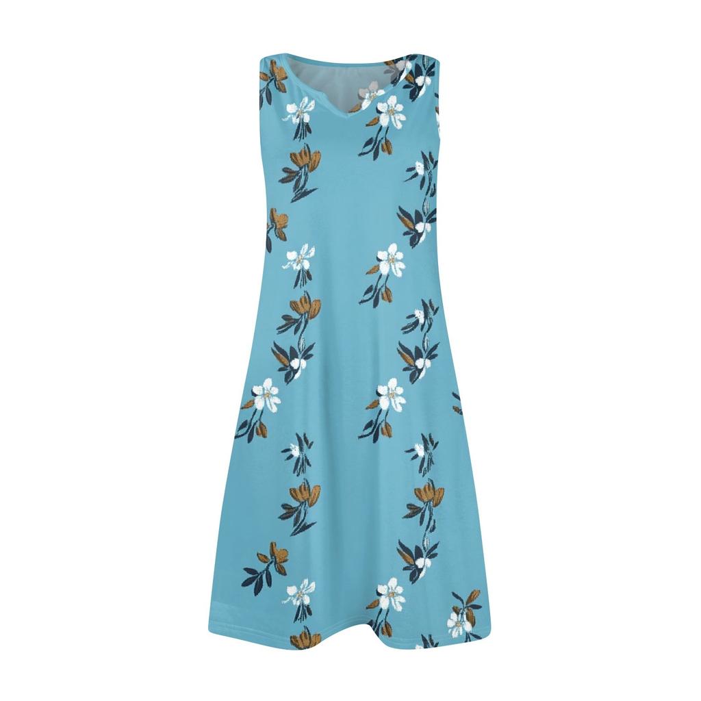 Women Summer Dresses V-Neck Print Sleeveless Sundress Casual Dress