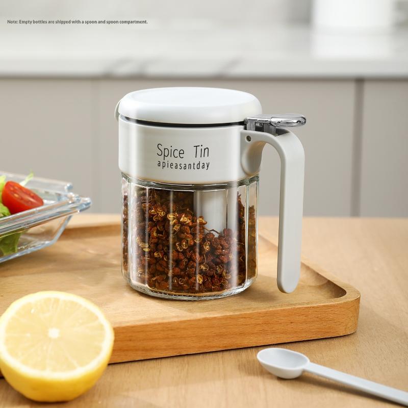Glass Spice Jar With Built-In Spoon & Handle, Airtight Seasoning Container, Food-Grade Salt Sugar Storage Canister For Kitchen