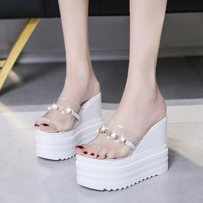 Summer Slippers Women Inside Height Diamond 12cm Sponge Cake Wedge Heel Flip-flops Fashion Sexy Fish Mouth Cool Slippers Sandals
