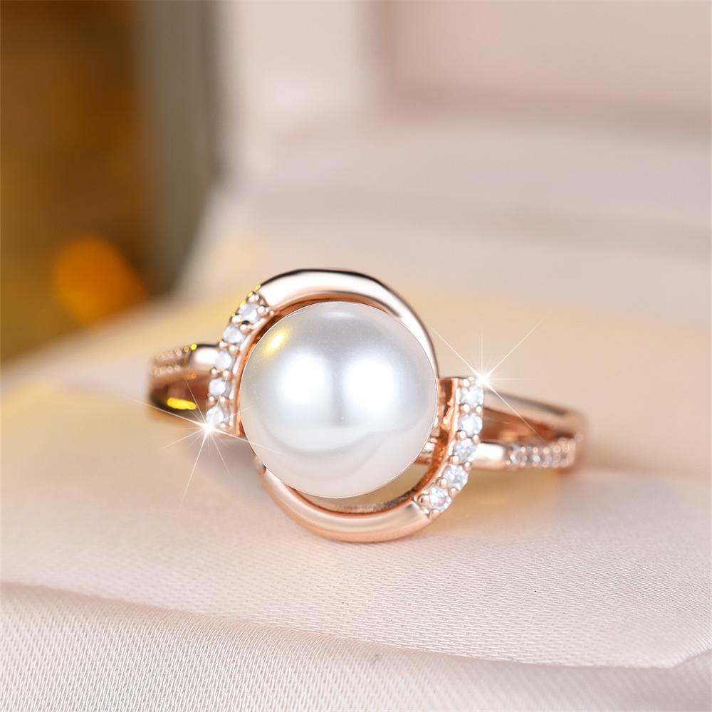 White Zircon Stone Simulated Pearl Rings For Women Vintage Rose Gold Color Engagement Ring Wedding Jewelry Valentine's Day Gifts