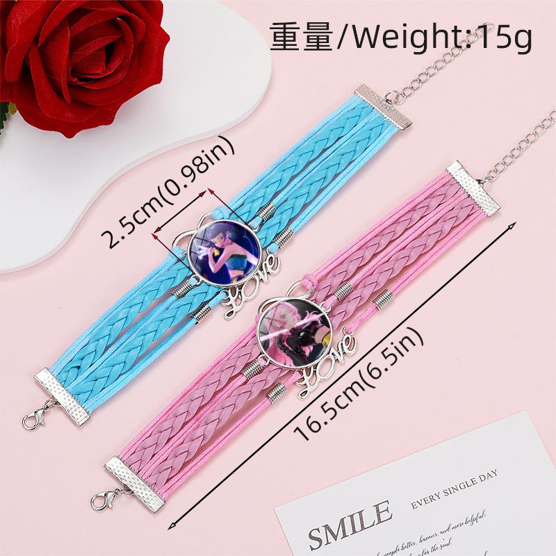 1Pc Demon Hunters KPOP Cartoon Time Gem Bracelet, Leather Braided Blue Multi Layer