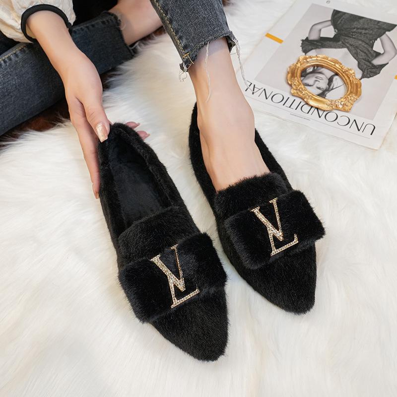 Pointed Hair Women's Winter Wear 2025 New Velvet High-heeled Single Shoes Doudou Shoes Cotton Ladyshoes Large Size 41-43