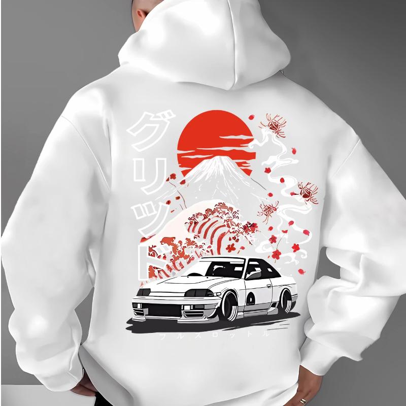 A Men'S Casual Stylish Japanese-Inspired Hoodie Featuring Mountain And Freedom Elements, Long-Sleeved Pullover, Regular Fit.