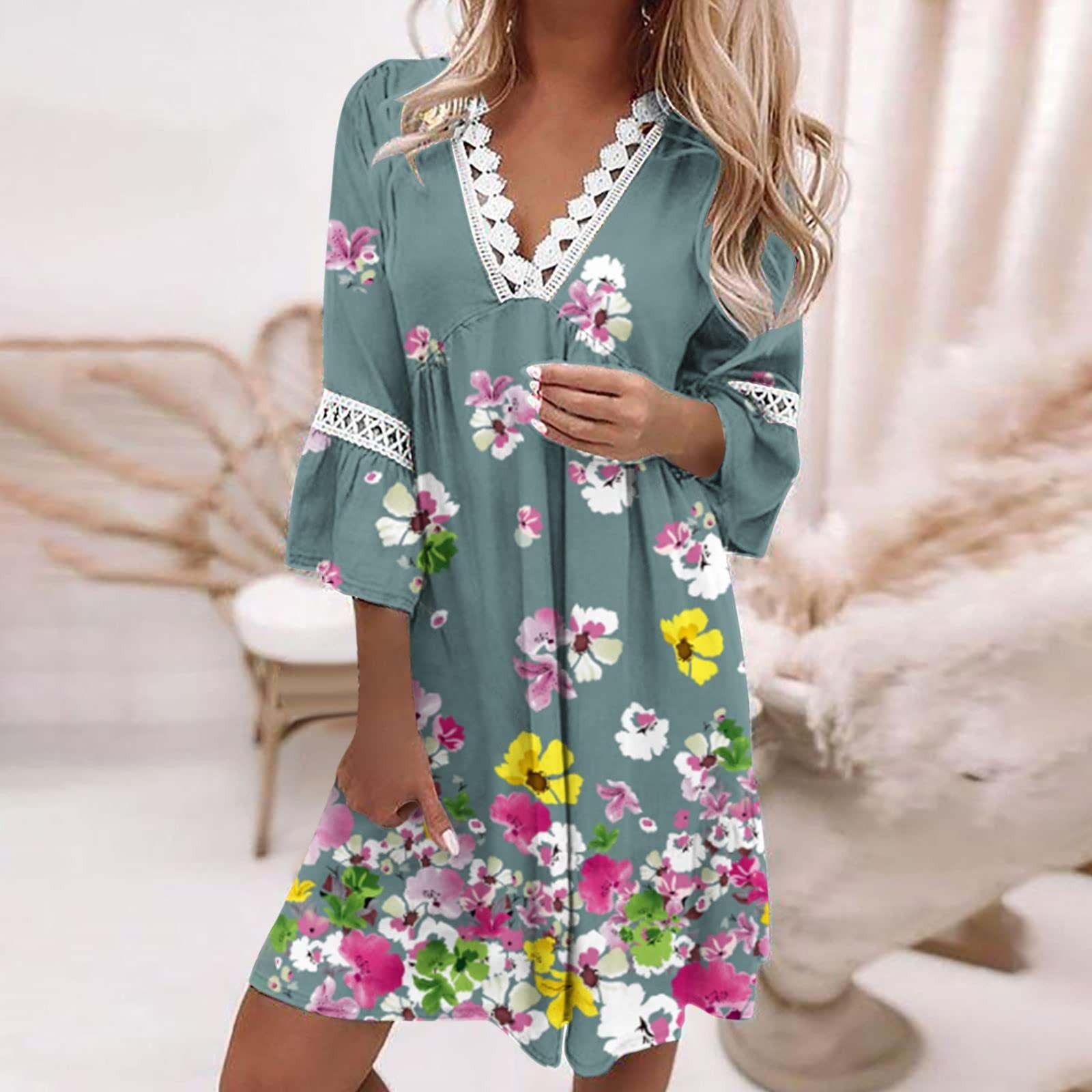 

Fashion Women s V-neck Printed Lace Patchwork Bohemian Casual Resort Dress M