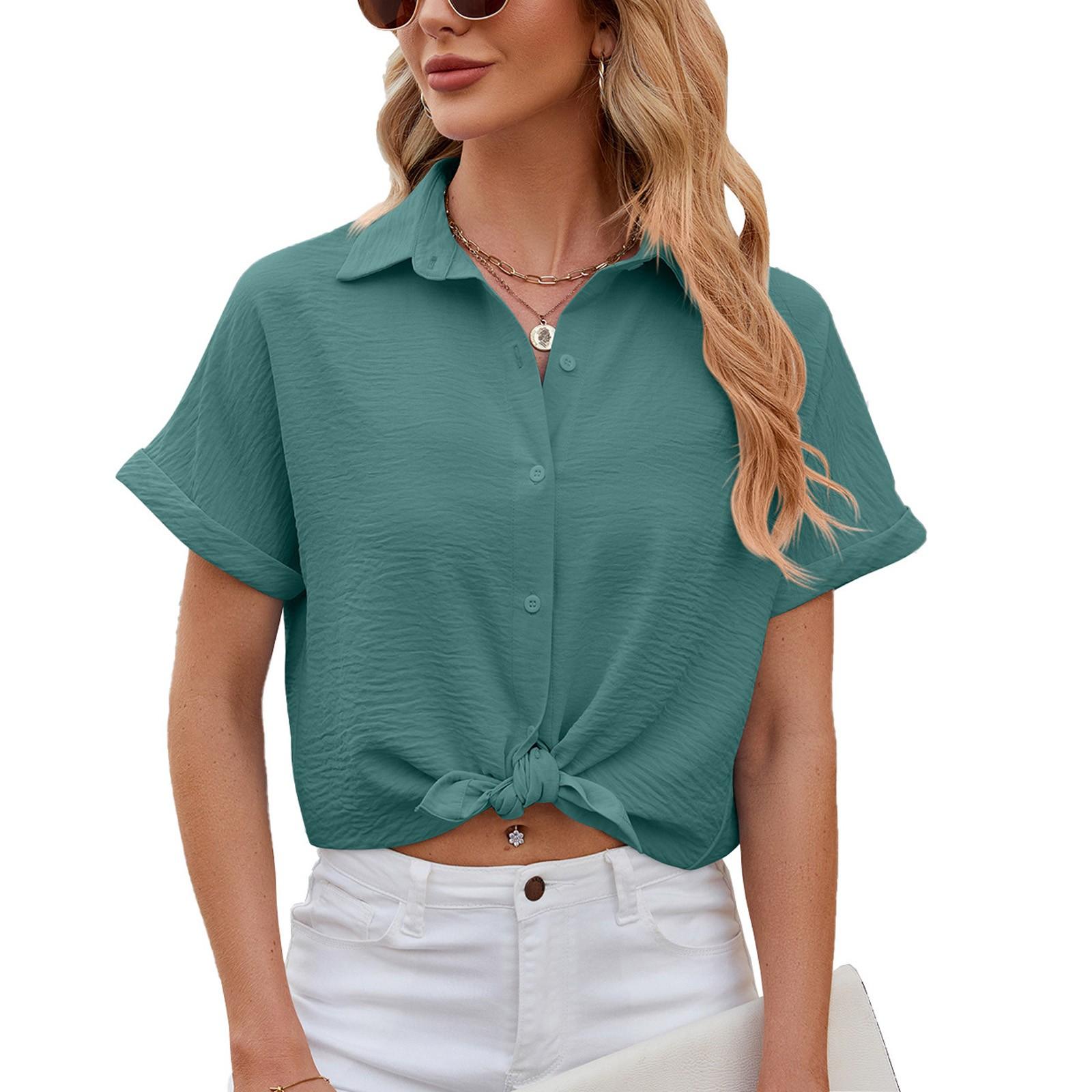 

Женская мода, однотонная свободная повседневная плиссированная рубашка на пуговицах с короткими рукавами, топ XXL зелёный