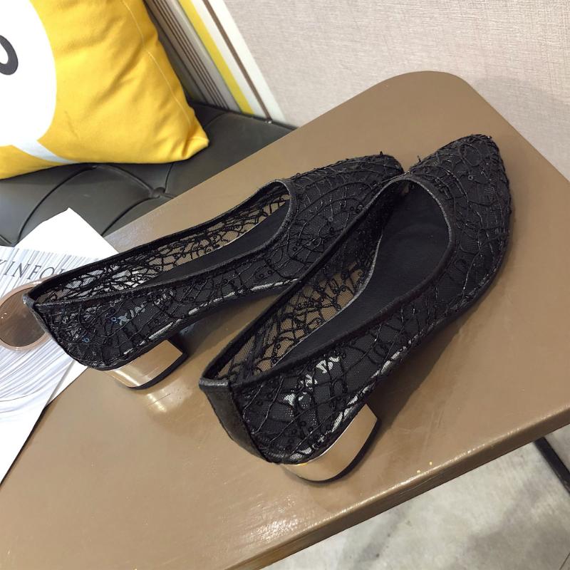 Women Thick Heel Sandals Ladies Mesh Hollow-out Pointed Single Shoes Children Middle Heel Work Shoes Footwear