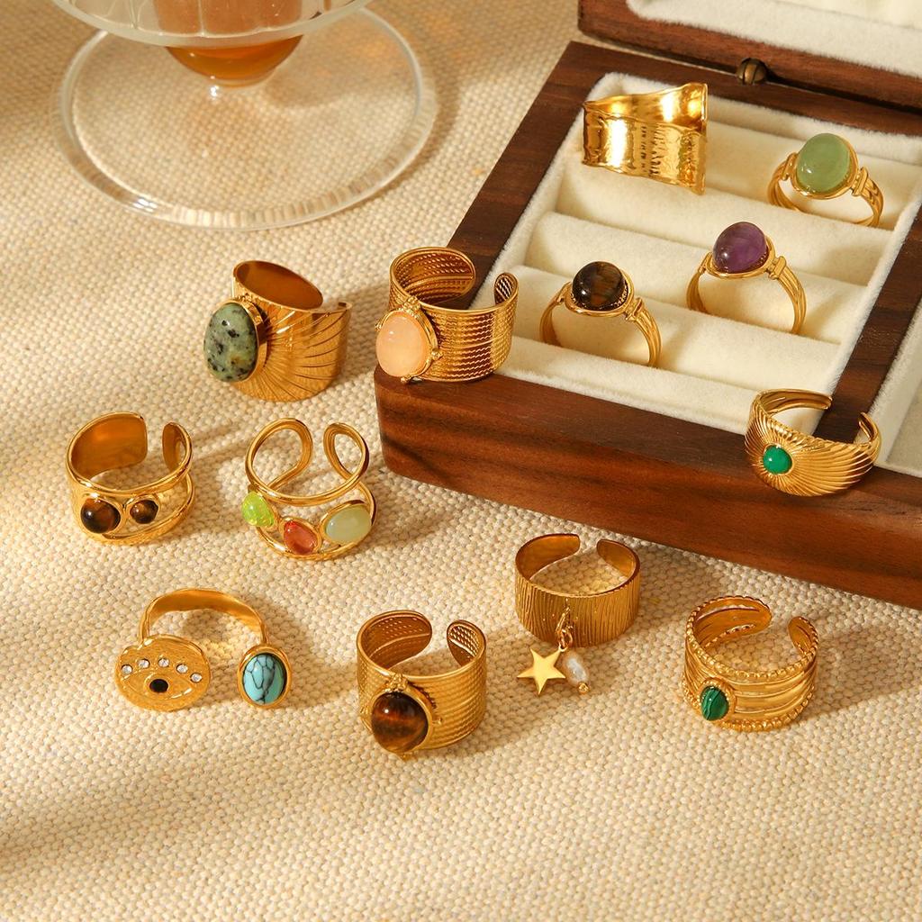 Women's Colorfast Retro Stainless Steel Ring with Natural Stone, Open & Versatile Titanium Steel Design