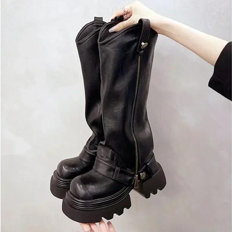 Damen Punk Faltplattform Stiefeletten Coole Kampfstiefeletten mit Gürtelschnalle Rutschfeste Goth Street Fashion Ritterstiefel