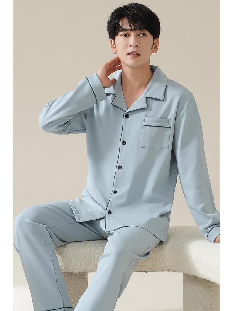 Herren Übergröße Reiner Baumwoll-Pyjama-Set - Langärmiger Cardigan für Herbst/Winter