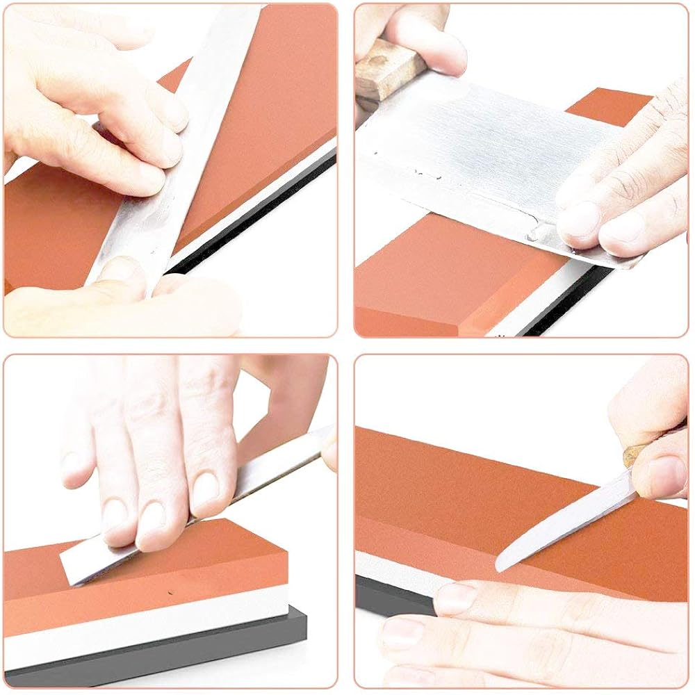 Double-sided whetstone, knife sharpener, both stainless steel, with rubber stand, with Japanese i...
