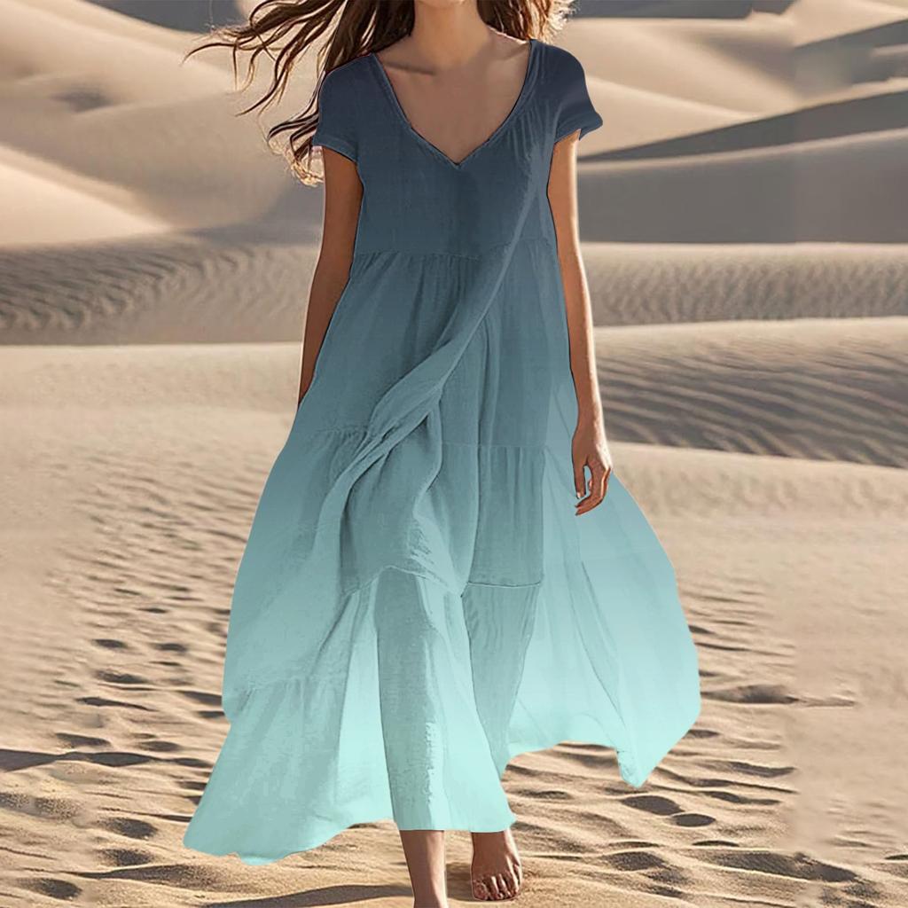Women's Summer V-Neck Beach Long Short Sleeve Patchwork Gradient Dresses