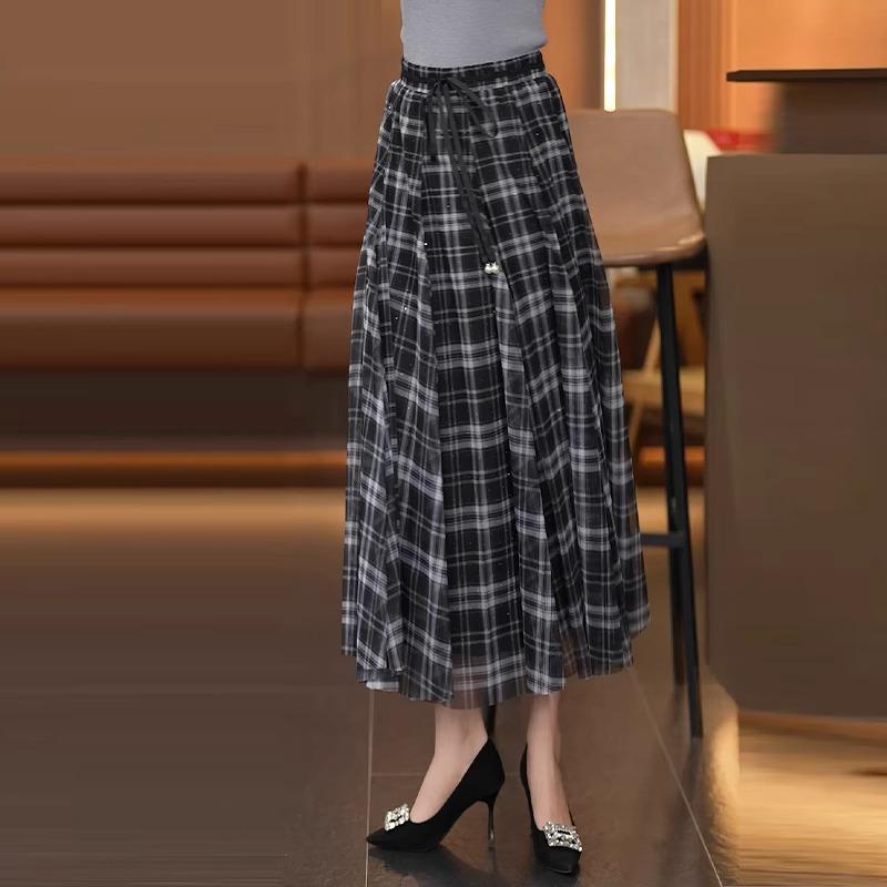 Women's High Waist Retro Plaid Mesh Midi Skirt - Spring/Summer 2025 Collection