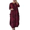 Women Maxi Dress Oversized Long Sleeve O Neck Color Matching Leopard Print Pockets Ankle Length Lady Fall Spring Dress