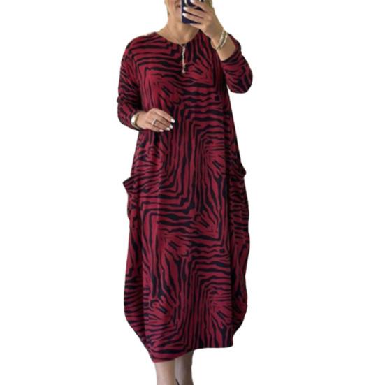 Women Maxi Dress Oversized Long Sleeve O Neck Color Matching Leopard Print Pockets Ankle Length Lady Fall Spring Dress