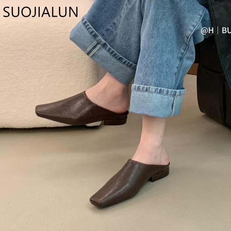 Fashion SUOJIALUN 2025 Summer New Brand Women Slipper Fashion Square Toe Slip On Ladies Elegant Mules Shoes Soft Flat Heel Casual Slides