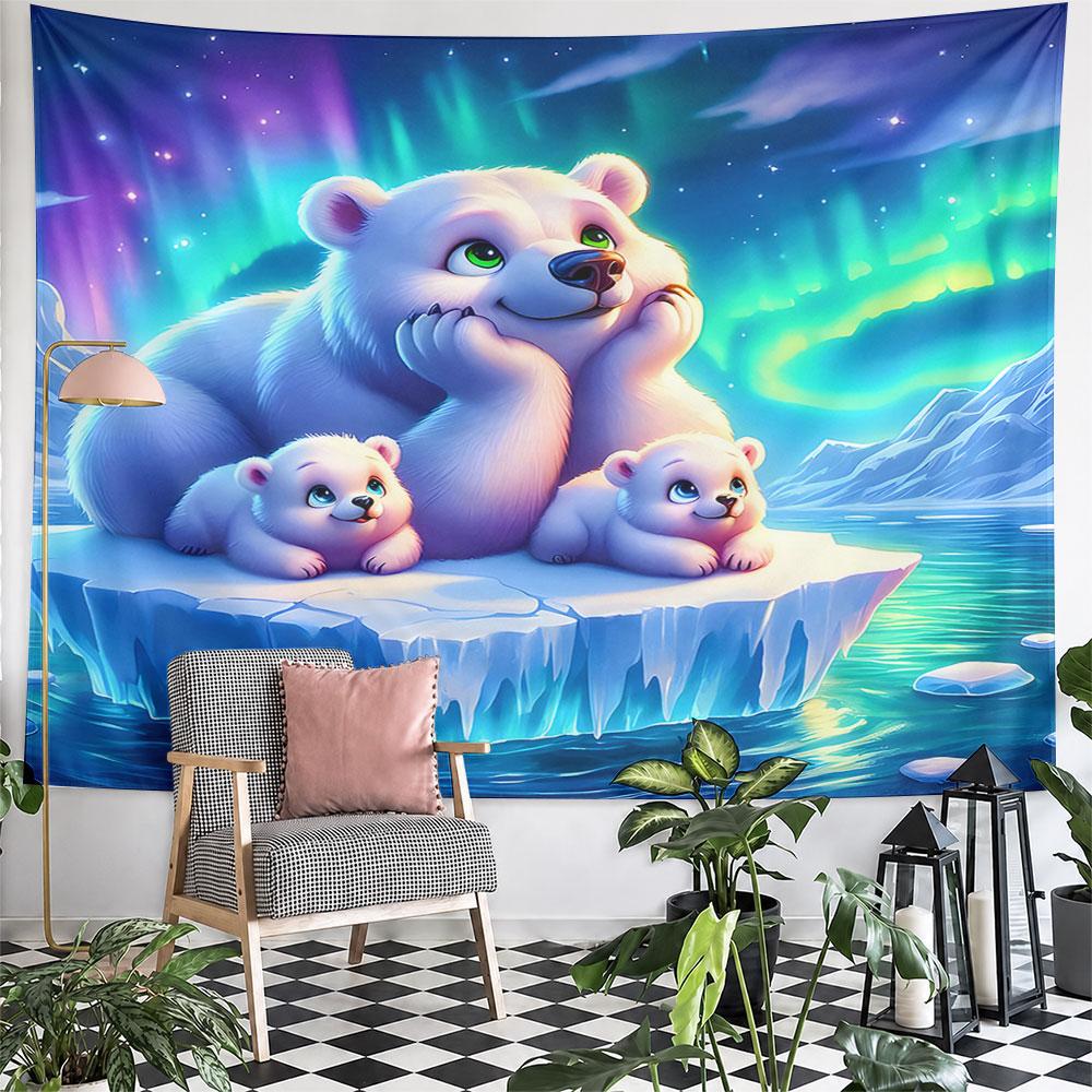 Polar Bears Under Northern Lights Pattern Wall Hanging Tapestry Decorative Tapestry Home Decor for Bedroom and Living Room