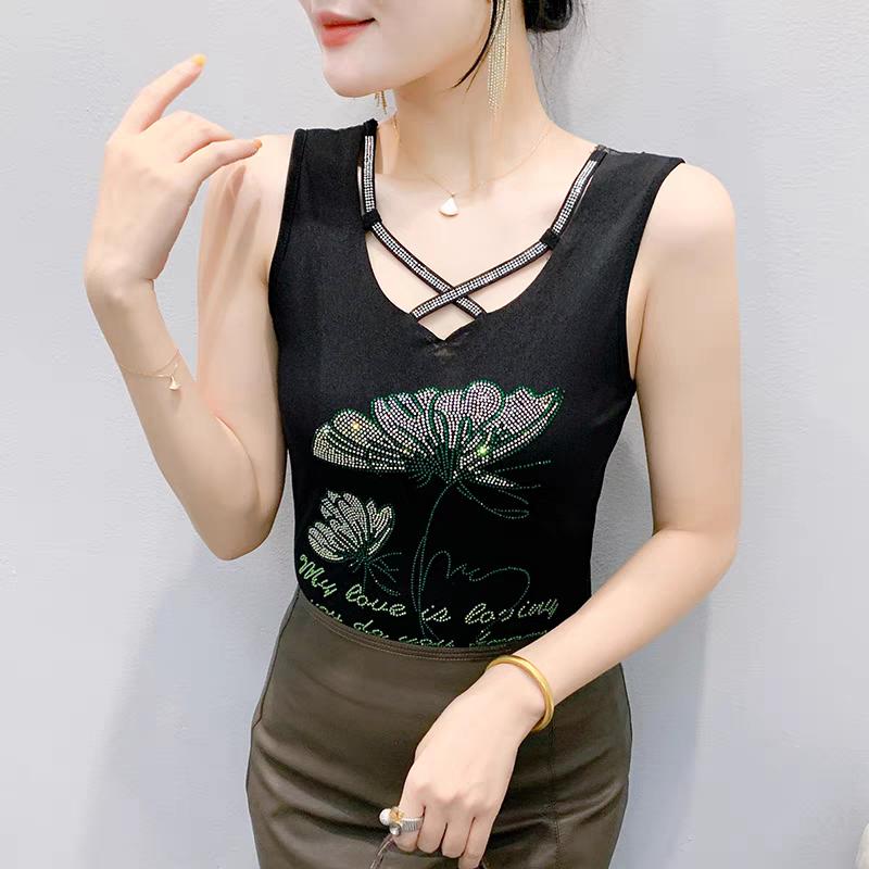 New Summer European Rhinestone Flower Clothes Women's Sleeveless T-shirt Elegant Chic Hot Diamonds Tees Sexy Girls Slim Streetwear Flower Tank Top