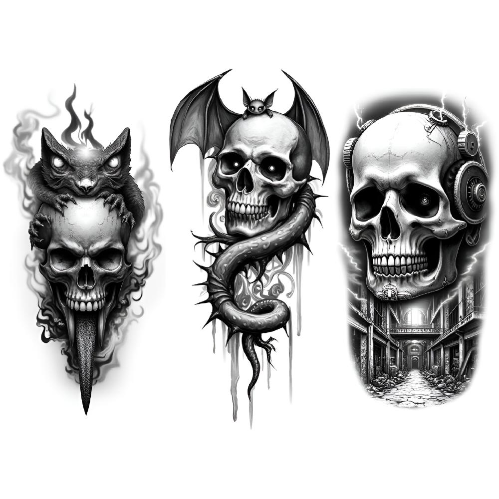 3pcs Temporary Tattoo Black And Grey Realism Demon Bat Skull Skull With Cat Skull With Eagle And Snake For Arms Thighs