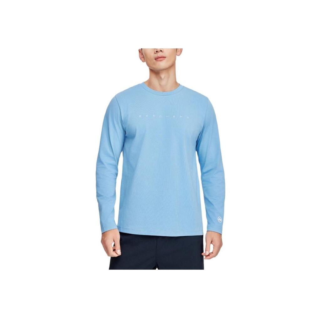 Skechers Solid Color Round Neck Pullover Casual Sports Quick-Dry Long Sleeve T-Shirt Men Tops Temptation-Blue P224M086-00MU