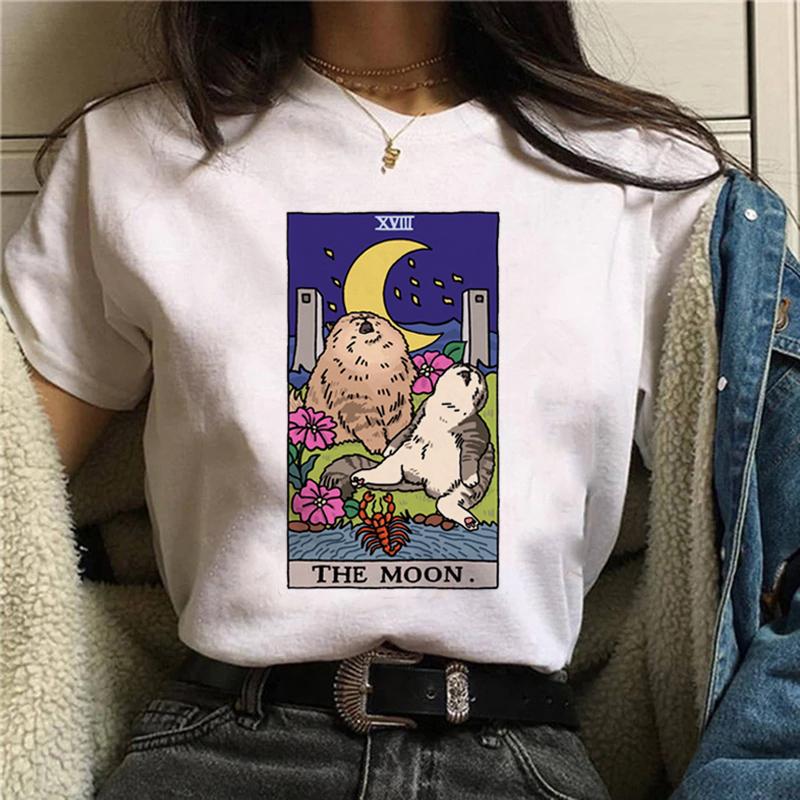 Magic In All Tarot Print T-Shirt Kawaii Magic Cat Printed Tshirt Astronomy Tee Shirt Top Aesthetic Women Hippie Bohemian Tshirt