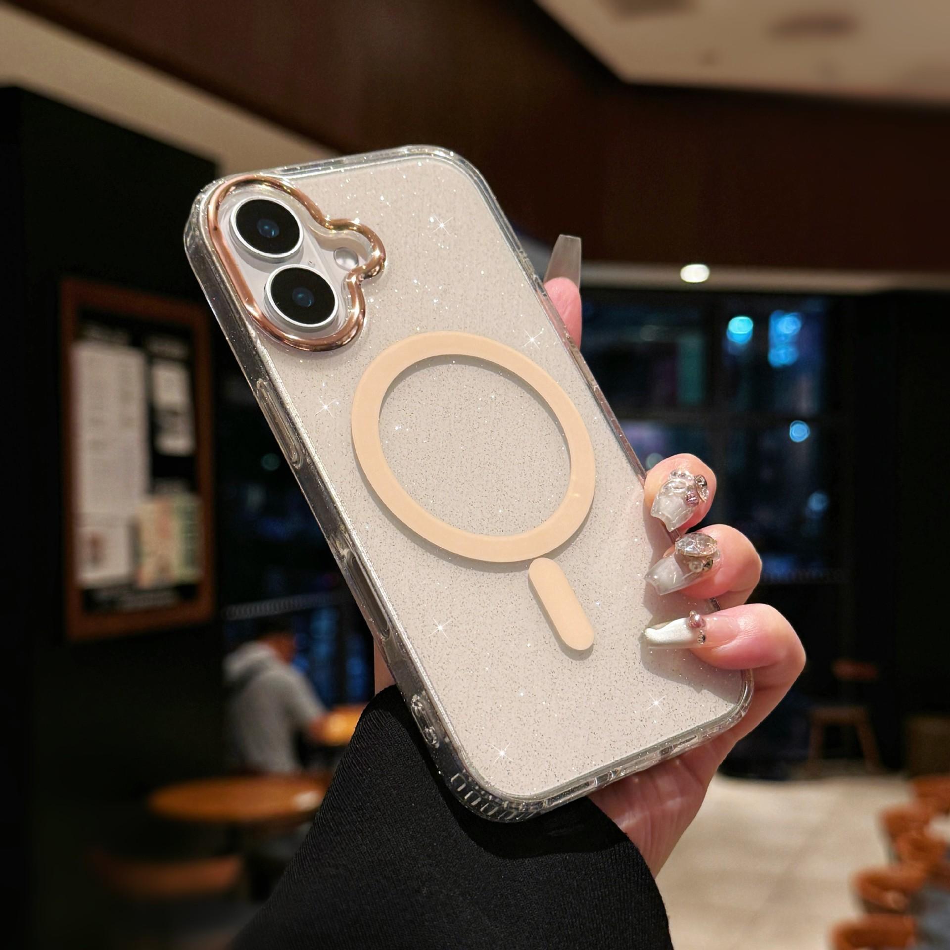 

Подходит для чехлов для телефонов IPhone16, Магнитное притяжение с блестящей пудрой, Высококачественное гальваническое покрытие, Объектив с большим отверстием и Прозрачный чехол для IPhone 15 iPhone 11 золотой