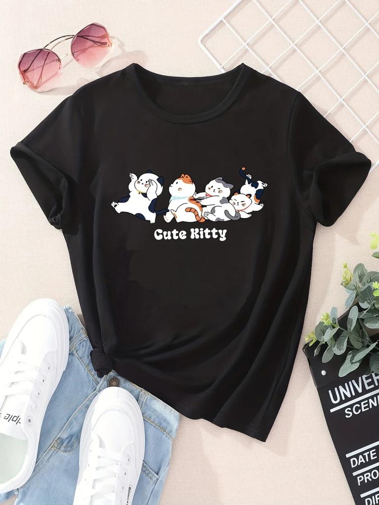 Kawaii Little Cat Tshirt for Women Cute Black Shortsleeved Harajuku Print Tshirt Pattern Tshirt for Women Vintage Y2k Top