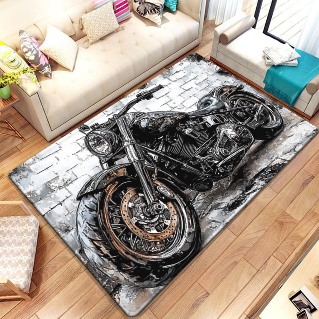 800g/m² Black Motorcycle HD Printed Carpet, Kitchen Rugs, Yoga Mat, Non-Slip Bathroom Mats, Absorbent Washable Polyester Rug for Bathroom, L