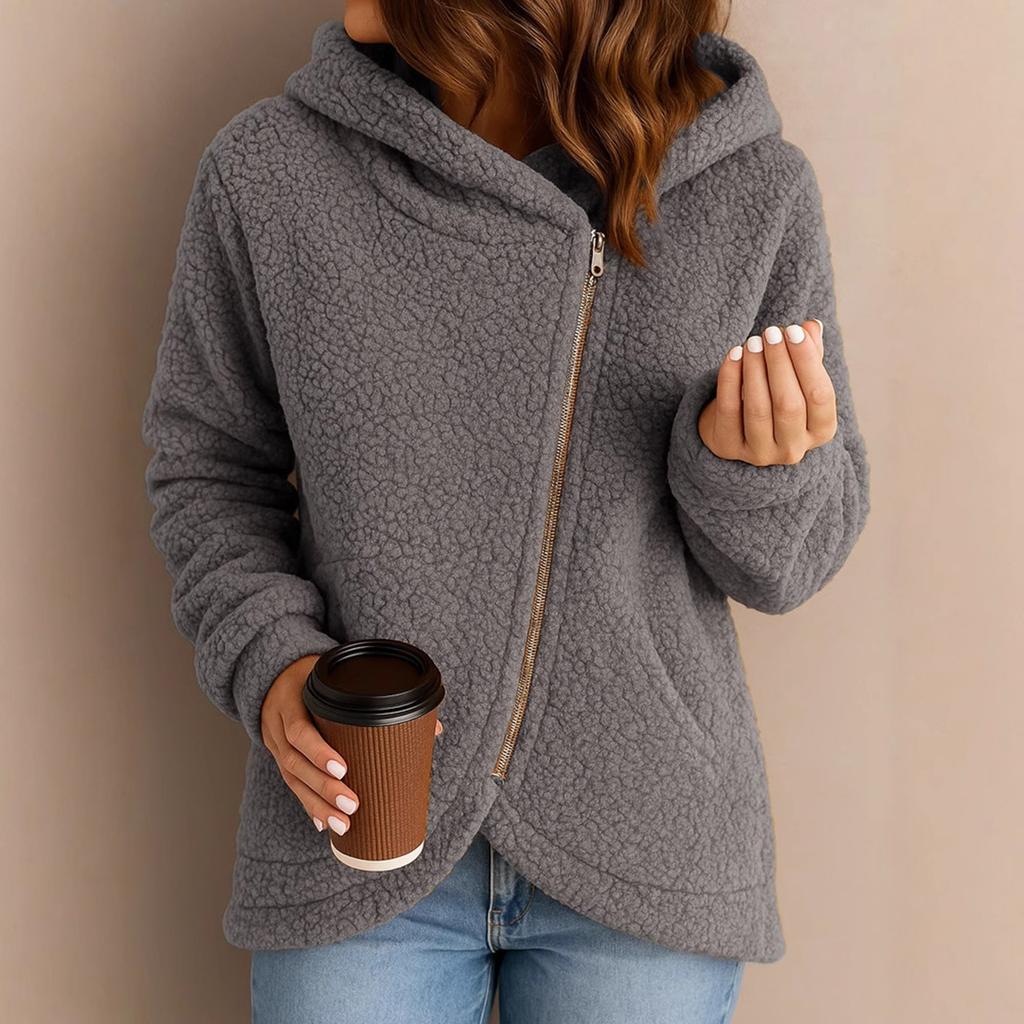 Women's Fashionable Solid Color Long Sleeved Zipper Casual Loose Hooded Jacket