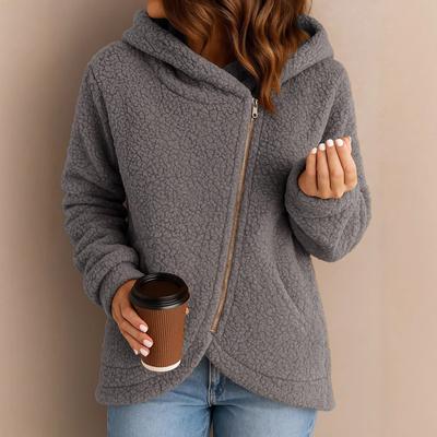 Women's Fashionable Solid Color Long Sleeved Zipper Casual Loose Hooded Jacket