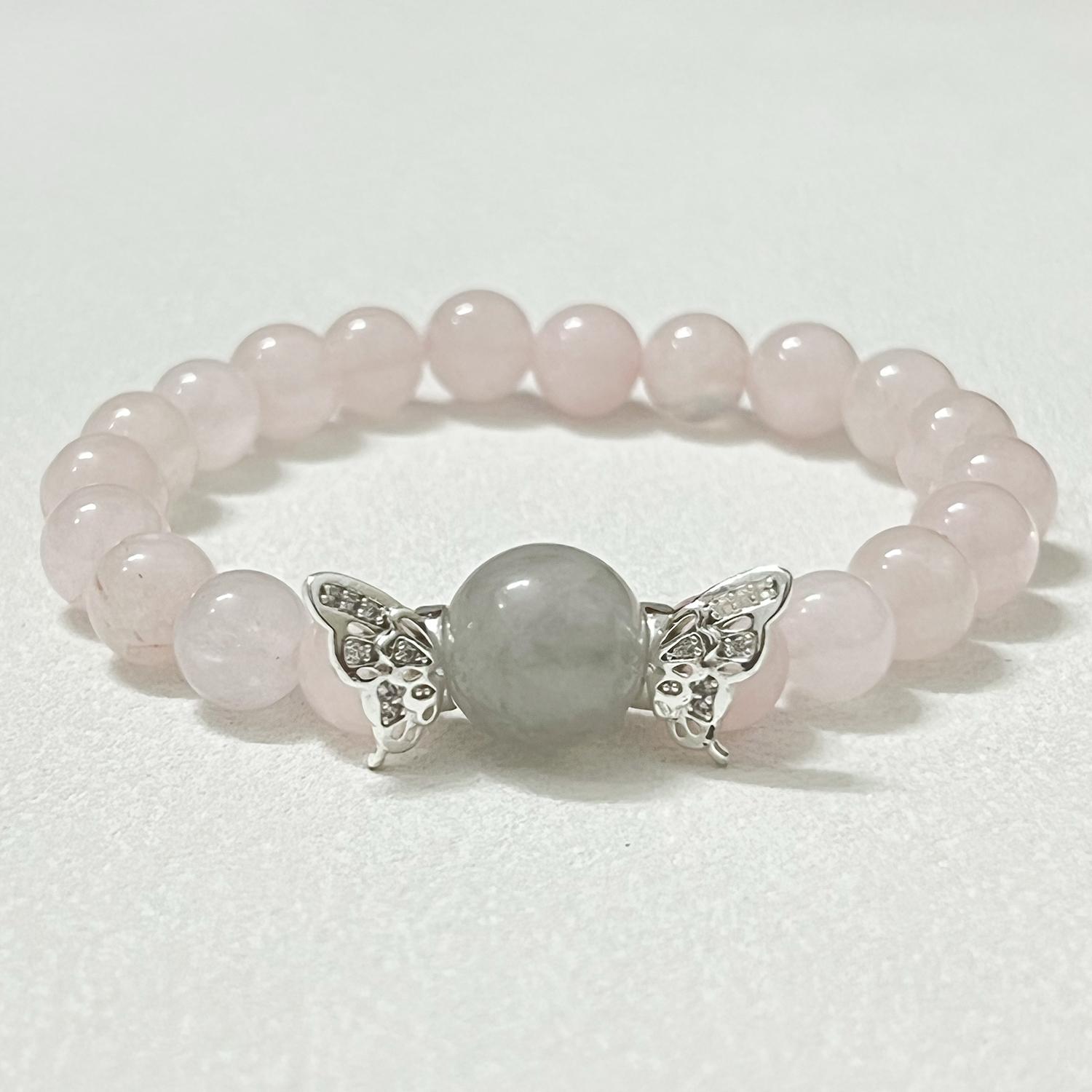 

8mm Round Beads Crystal Bracelets for Women Semi-Precious Gemstones Beaded Bracelet with Wings DIY Bangle Jewelry Gifts Length 16cm рожевий