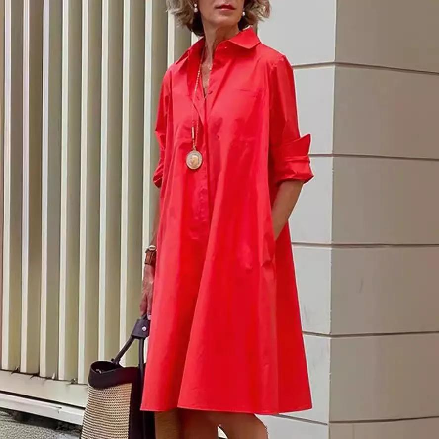 Women's Long-sleeved Lapel Simple Loose Knee-length Shirt Dress