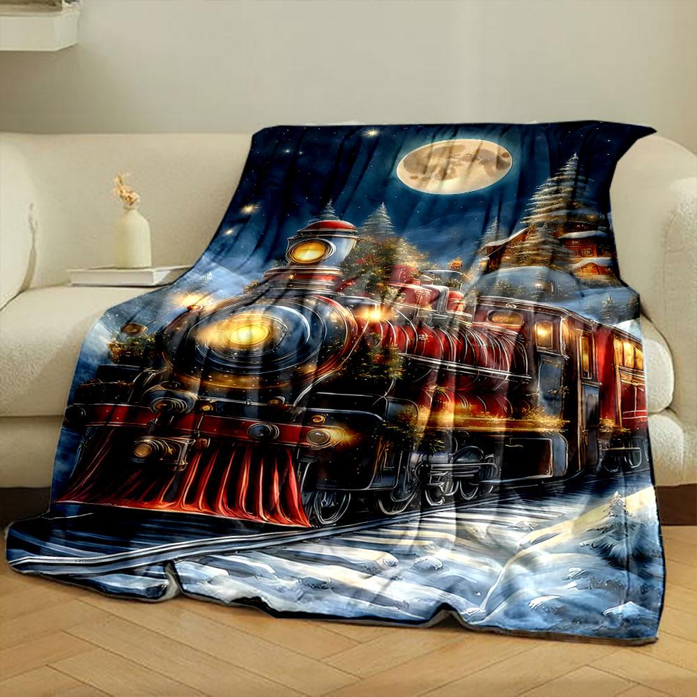 Christmas Train Snowy Night Blanket Bedroom Blanket for Livingroom Couch Lunch Break Soft Throw for Friend's Festival Gift