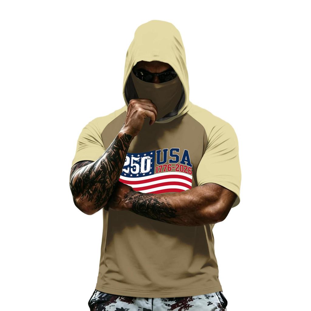 Men's Summer Camouflage Gradient Drying Short-sleeved T-shirt, Sun Clothing, Fishing, Fitness, Sports, Hooded Short-sleeved Shirt